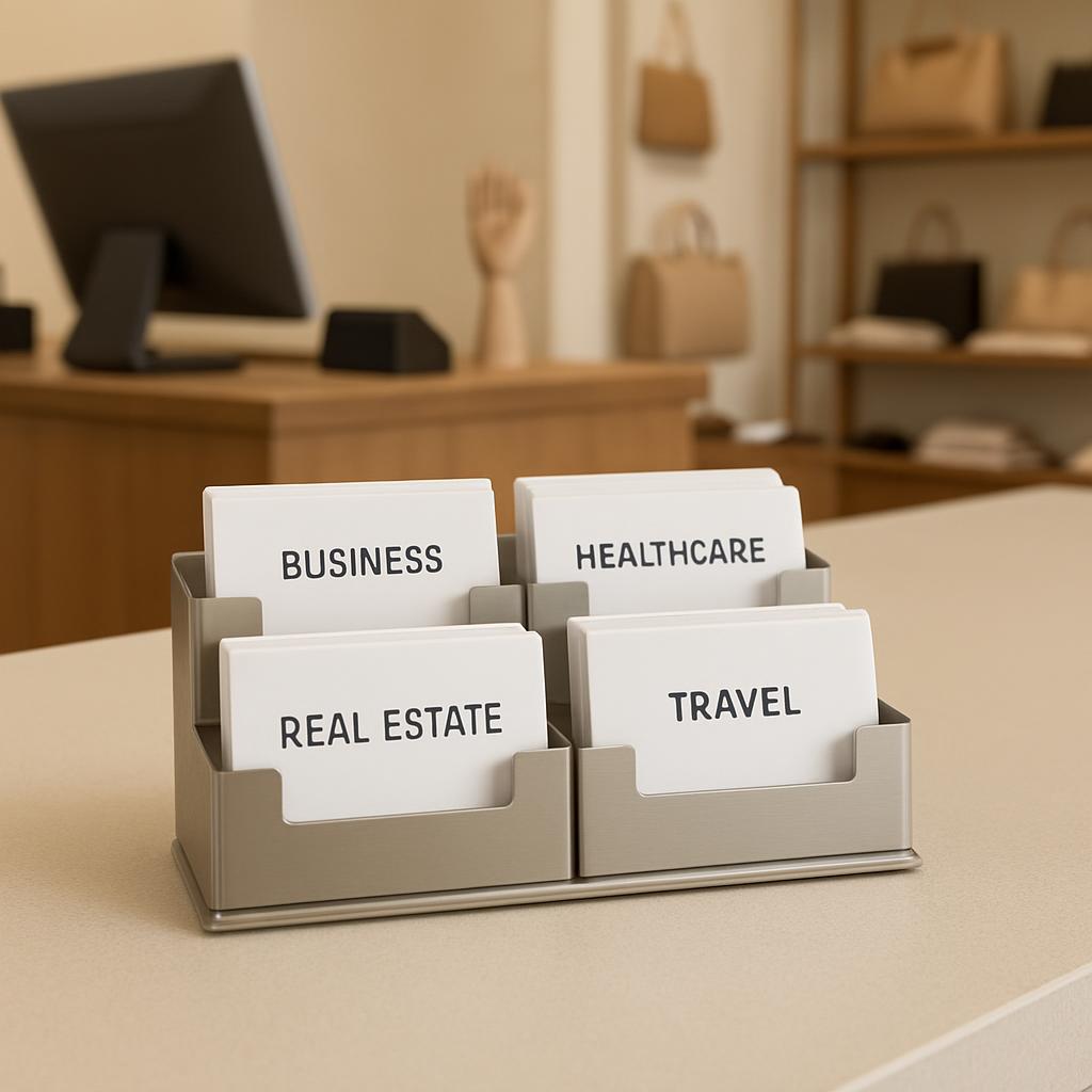 The image shows a office scene with a desk and four cards with different words, "BUSINESS", "HEALTHCARE", "REAL ESTATE" an...