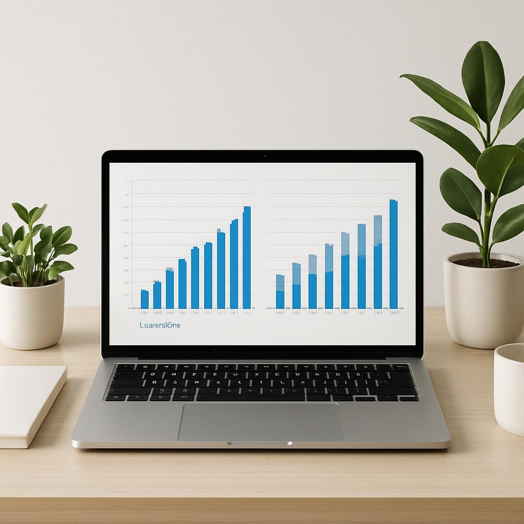 Laptop with bar graph on screen sitting on wooden desk, with plants in the background.