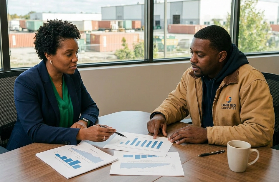 Group of workers and managers discussing logistics reports around a conference table